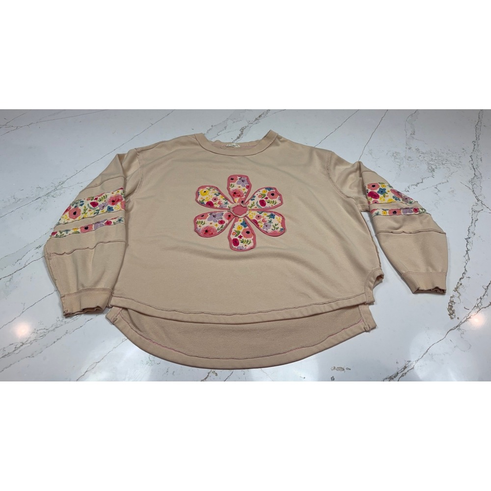 Sage + Fig Floral Applique Sweatshirt Tan Boho Raw Edge Oversized Small